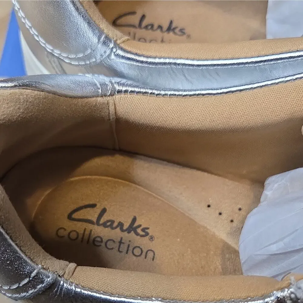 Clarks Mykah Joy Silver/White Leather Comfort Sneaker Women's 11 W EU 42.5